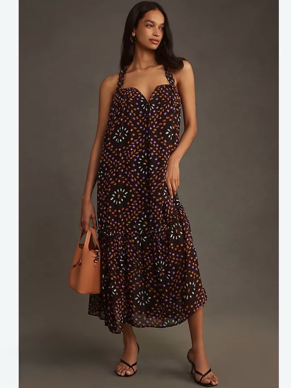New By Anthropologie Chiffon Sleeveless Tent Maxi Dress Black Motif Medium